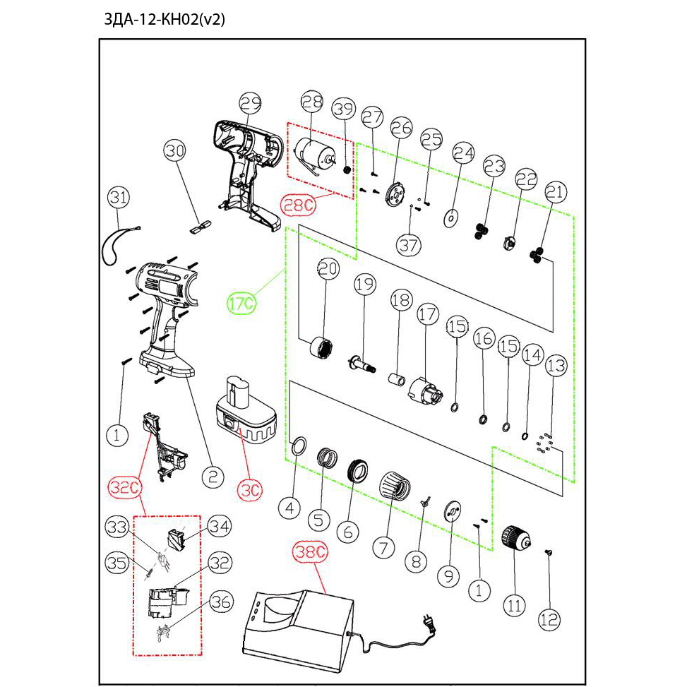 Дрель - шуруповерт, 2 АКБ ЗДА-12-КН02